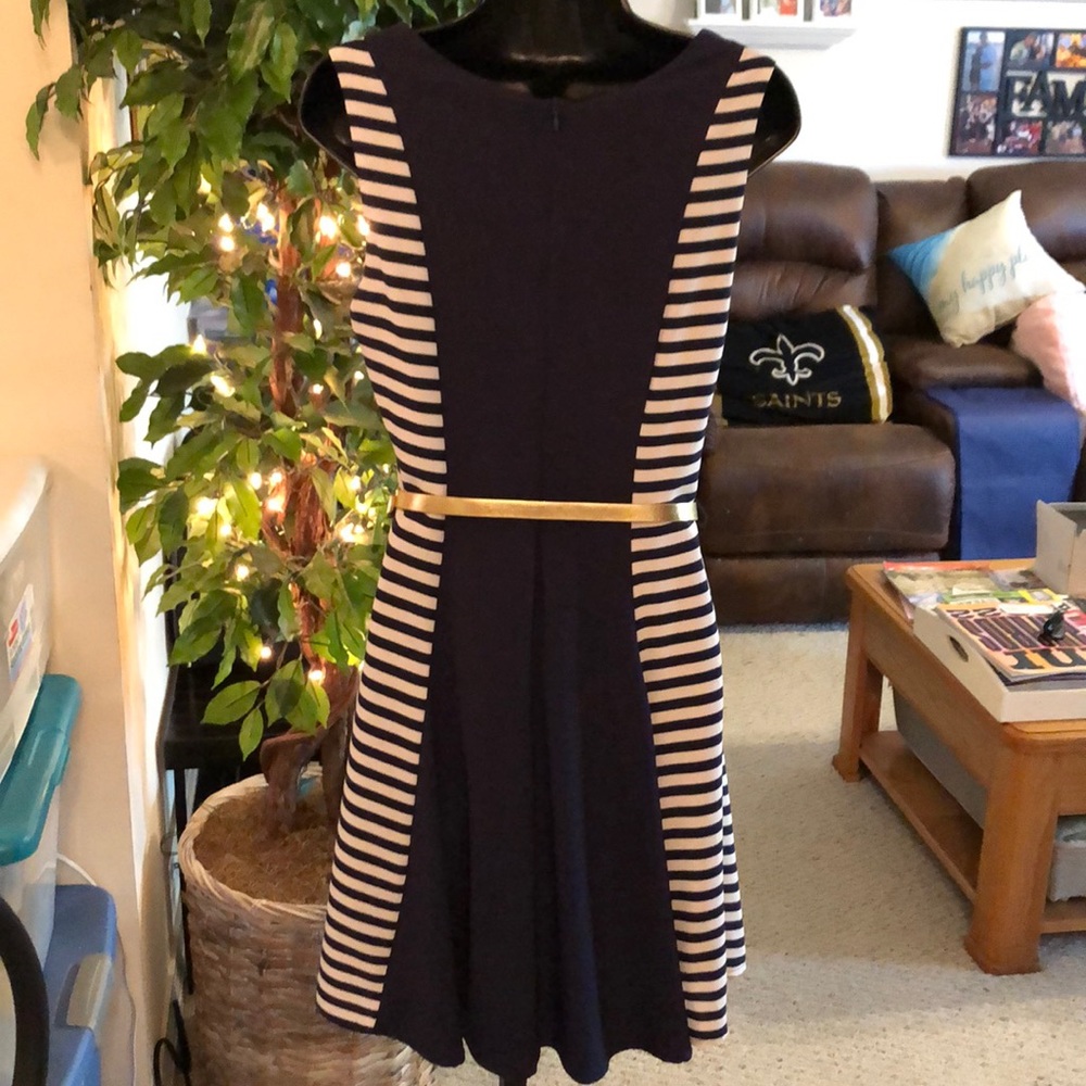 Navy & White Striped Dress with a Gold Belt - Picture 8 of 10